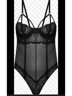 iCollection Black Lace Clarice Underwire Strappy Bodysuit Wide Keyhole Back Sz M